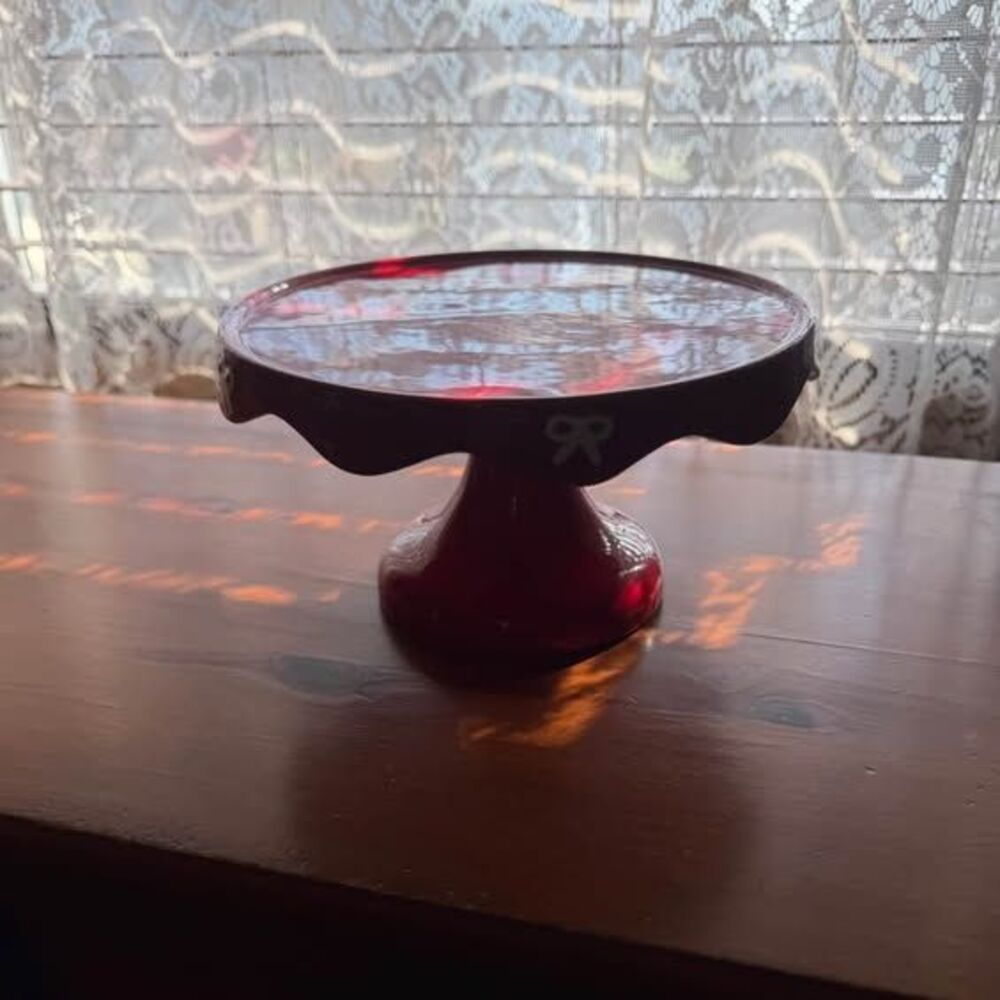Red Earthenware Pedestal Candy Dish / Serving Bowl